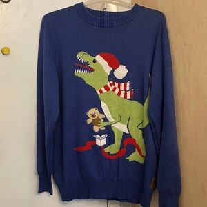 Tipsy Elves Blue Sweater with Green Dinosaur